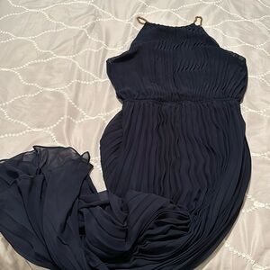 PERSUN Navy Blue Women's Chiffon Halter Neck Pleated Maxi Dress